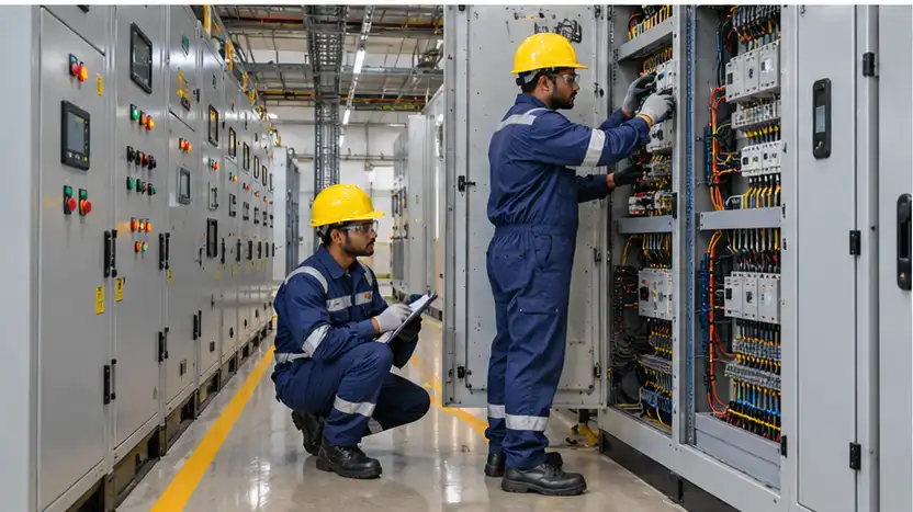 Engineer testing an electrical panel with a multimeter for quality checks