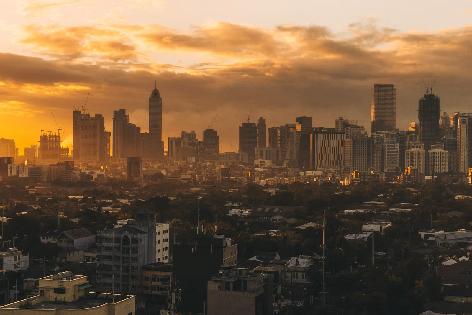 City skyline with solar panels and industrial infrastructure