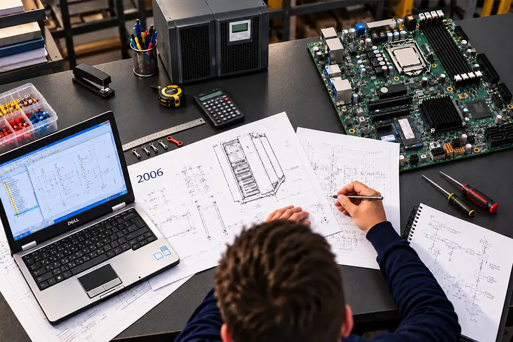 Engineers reviewing power infrastructure plans on site