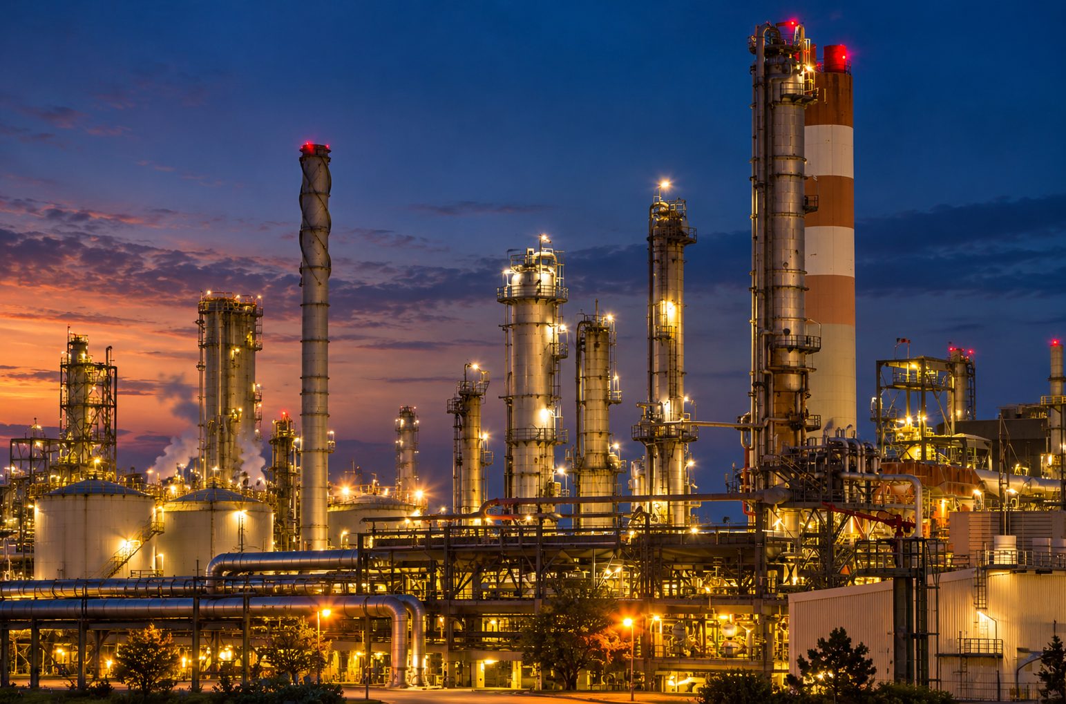 Oil and gas refinery at dusk with lit towers and pipelines