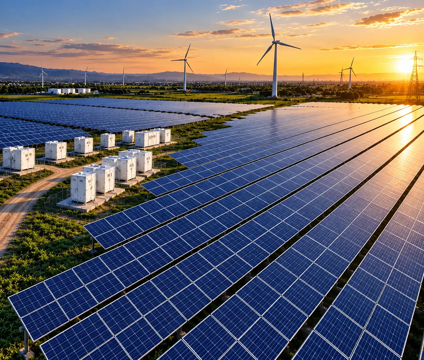 Renewable energy farm at sunset 2